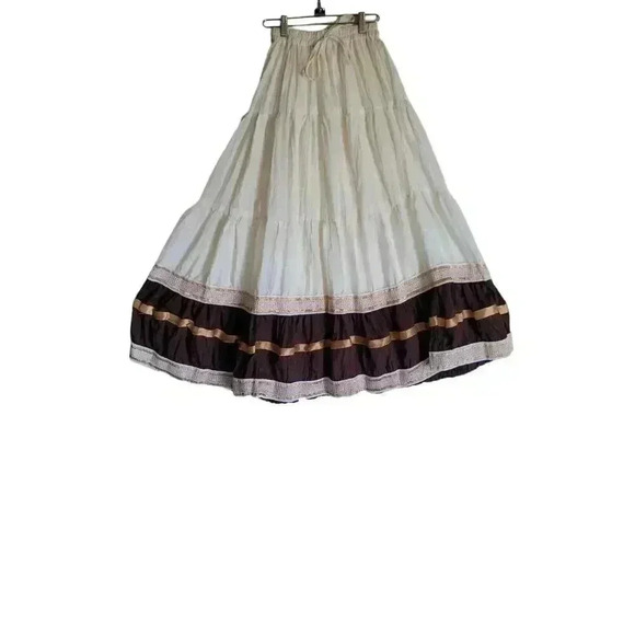 Vintage Bohemian Peasant Maxi Skirt Gold Ribbon Elastic Waist Size Small - Picture 1 of 5
